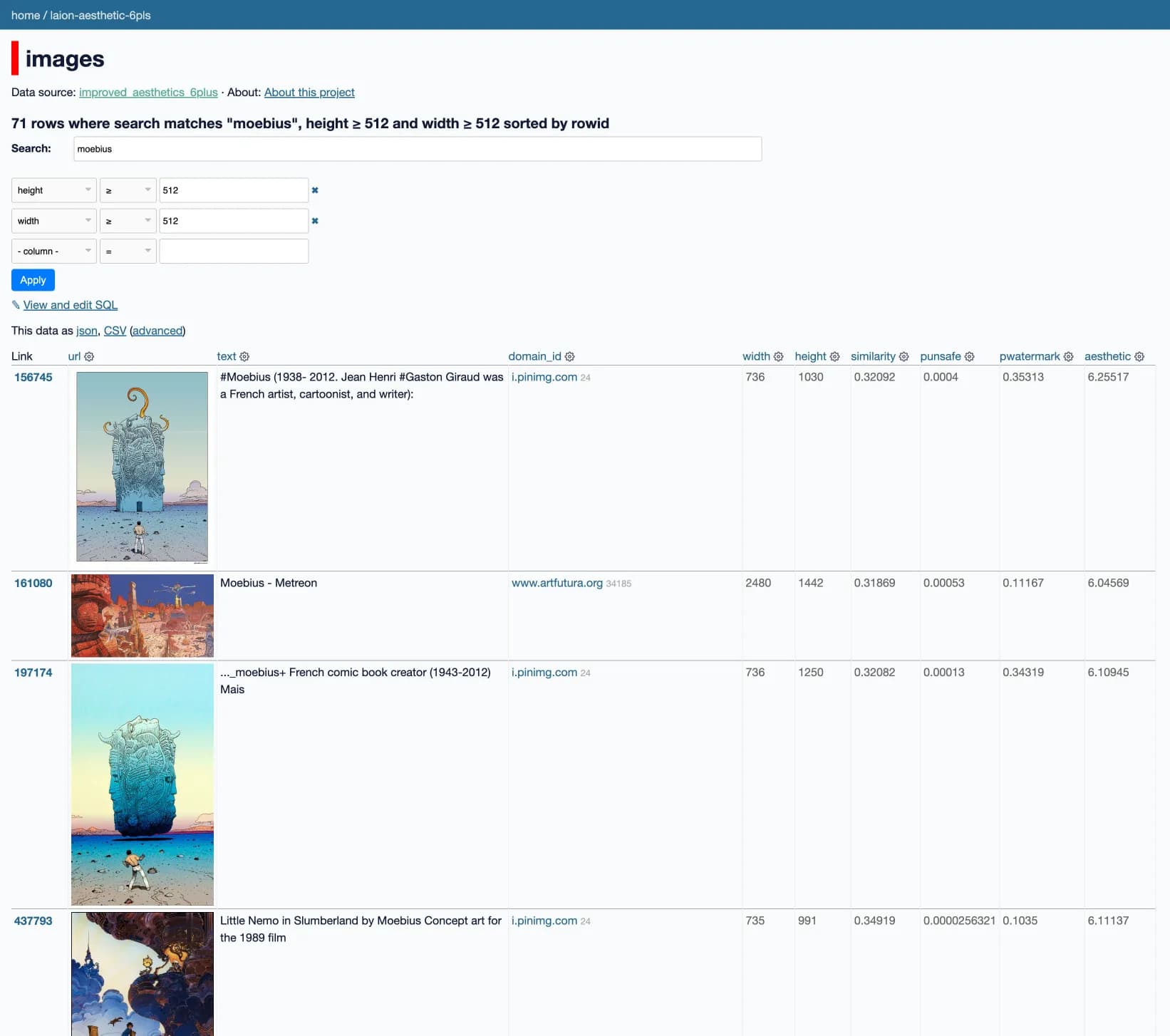 A screenshot of the LAION Improved Aesthetics 6.0+ datasette catalog searching web app