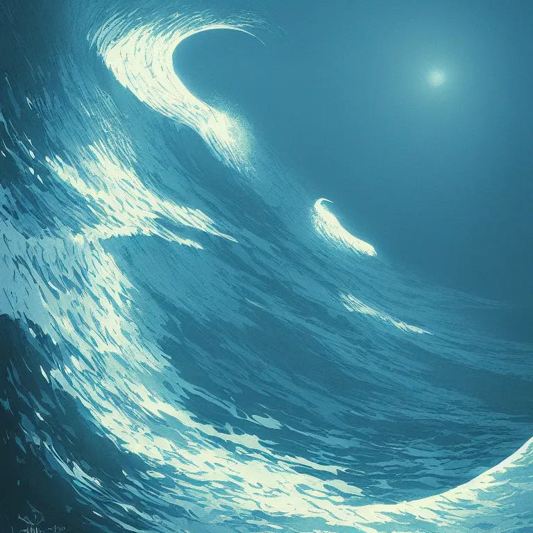 Stable Diffusion 2.1 PROMPT: ocean swells, by killian eng, by moebius