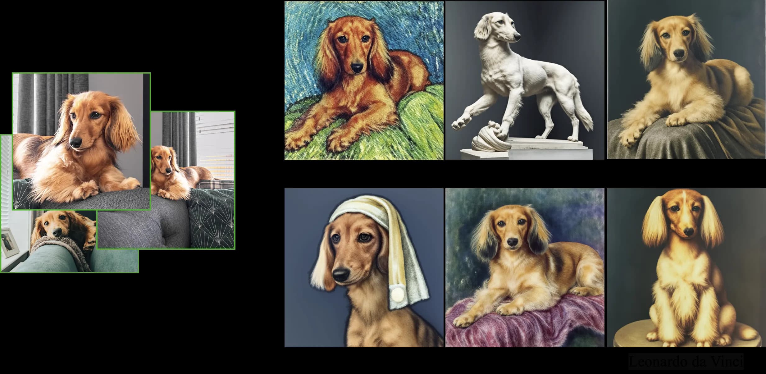 5-dog photos in, endless generated images out. The dataset for these lives here: https://github.com/google/dreambooth/tree/main/dataset/dog5